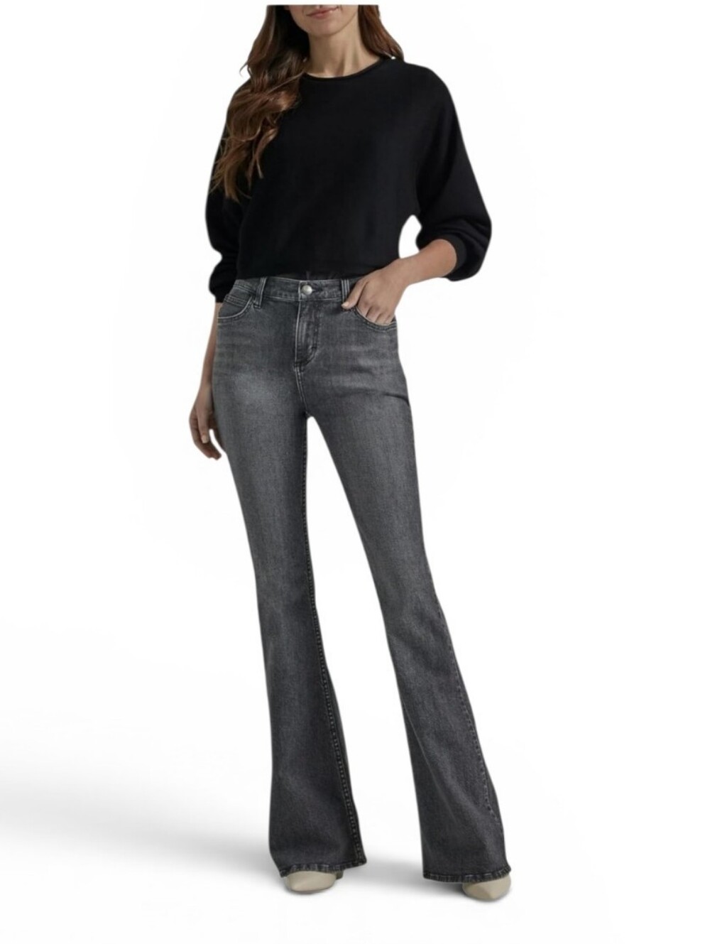 Women's Lee Legendary Mid Rise Flare Jeans Faded Black Size 10 *SHORT*  Stretch
